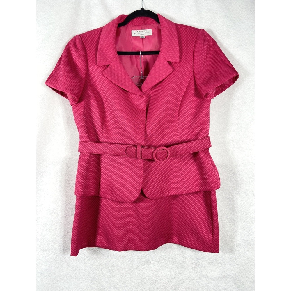 Tahari Asl 2PC Skirt Suit Women's Petite 14P Pink Blazer Belted Short Sleeve